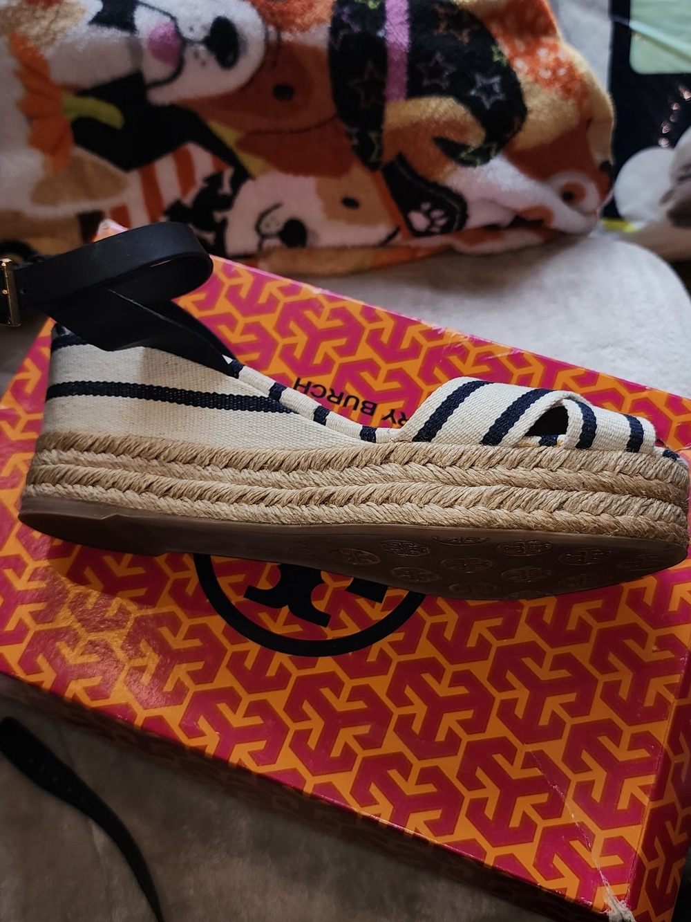 Tory Burch Navy and White Striped Espadrille Wedge Sandal